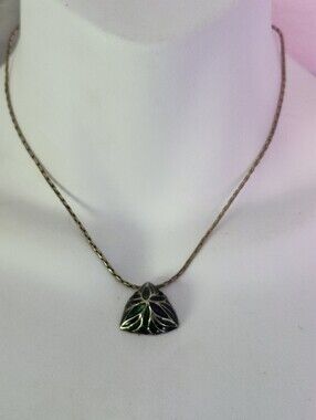 Delicate Green Enamel Leaf Pendant Gold Tone Chain Necklace - 15 Inches